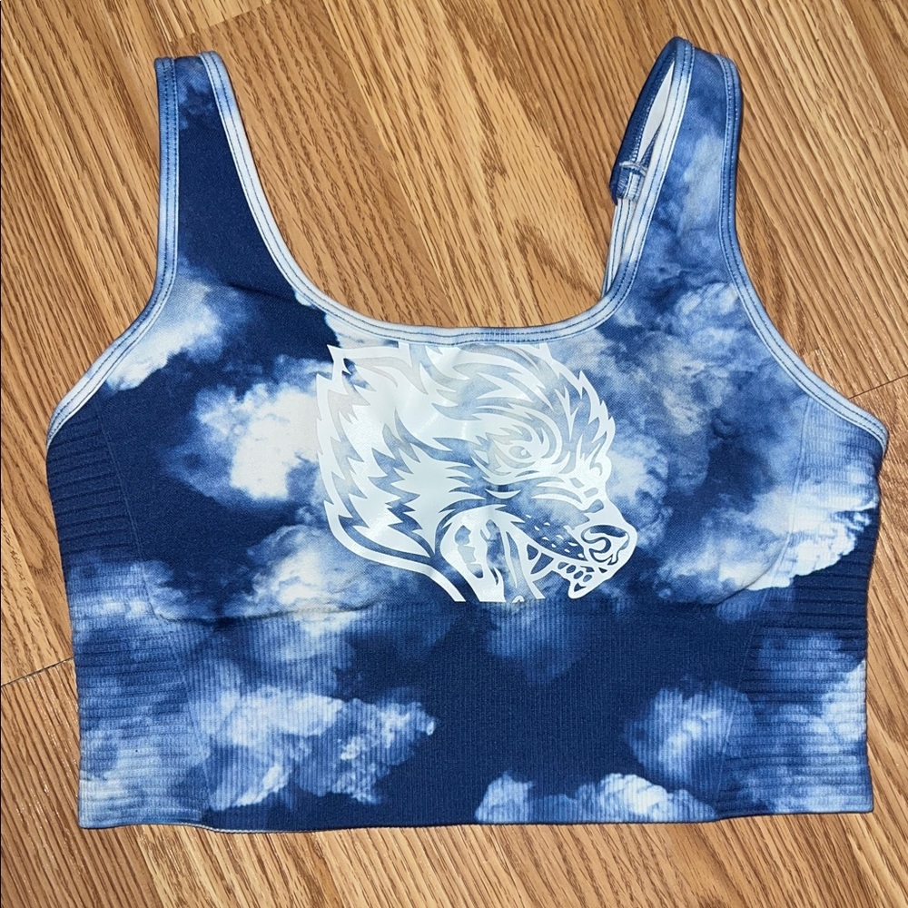 Darc Sport Blue Tie-Dye Sports Bra with Wolf Graphic